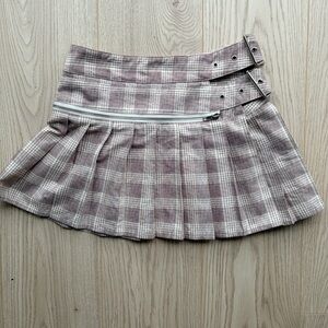 Lioness The Craft Plaid Pleated Mini Skirt Beige Tan Buckle Zipper Details